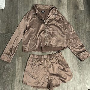 Express Satin Pajama Set- Top S, Shorts and Pants- XS. Brown/Taupe color